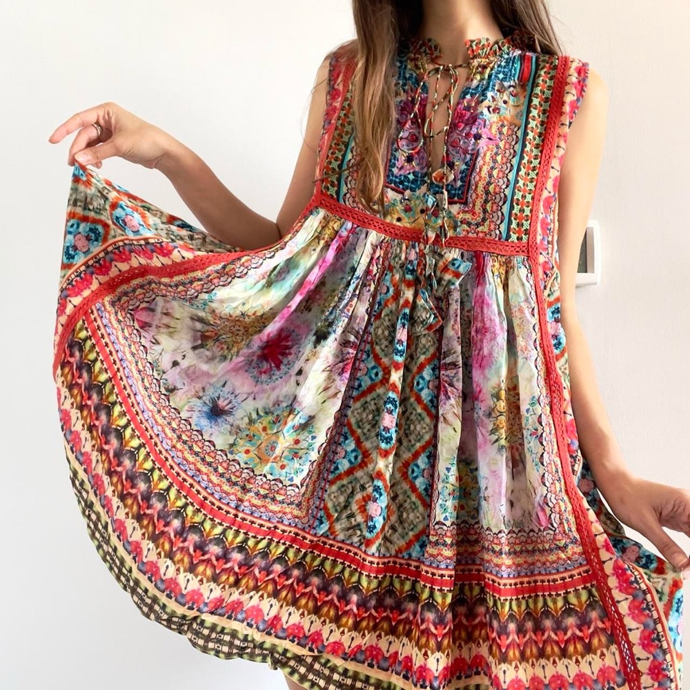 Bhanuni by Jyoti | Colorful red boho embellished silky sleeveless mini dress | M